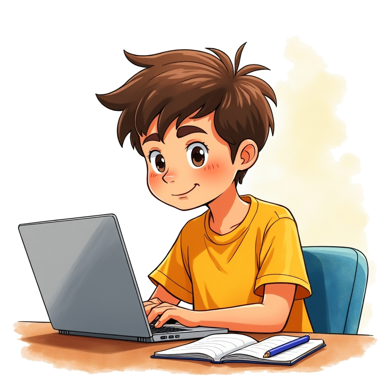 Boy using laptop at desk.