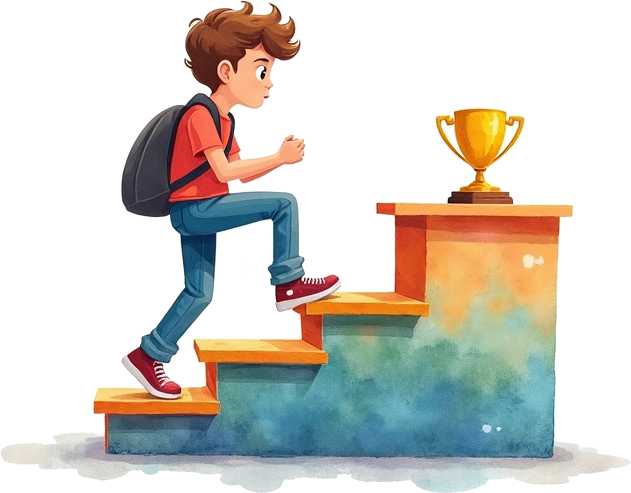 Climbing the stairs completing each short-term goals to reach a long term goal.