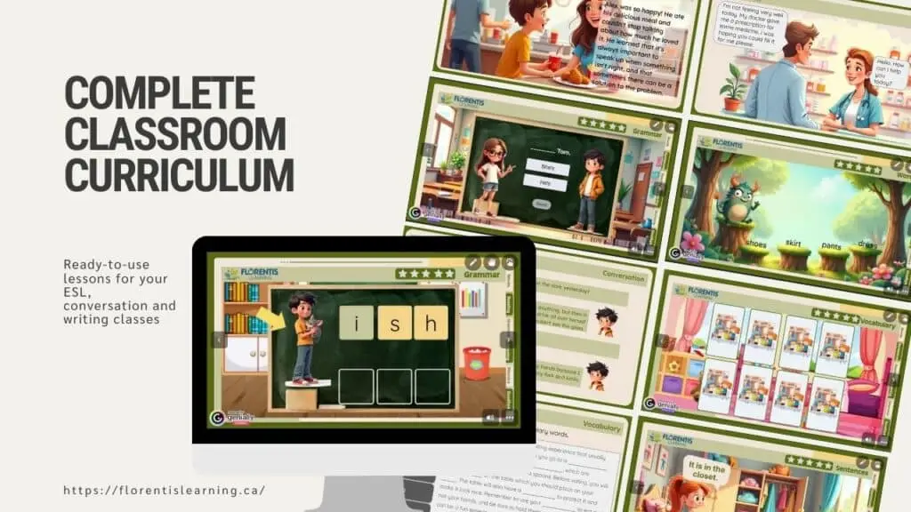 Complete Classroom Curriculum gives you access to all of the lessons including six levels of ESL lessons, writing lessons, and conversational lessons perfect for ESL beginners and intermediate learners.