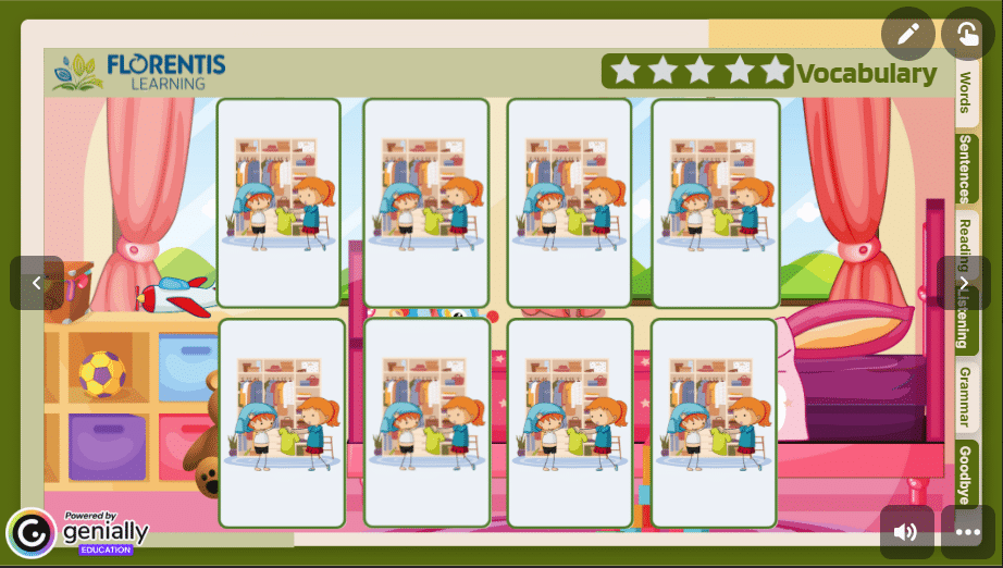 Virtual ESL vocabulary games such as digital memory match are built-in to the Florentis Learning ESL curriculum materials saving you time and ensuring your students are engaged.