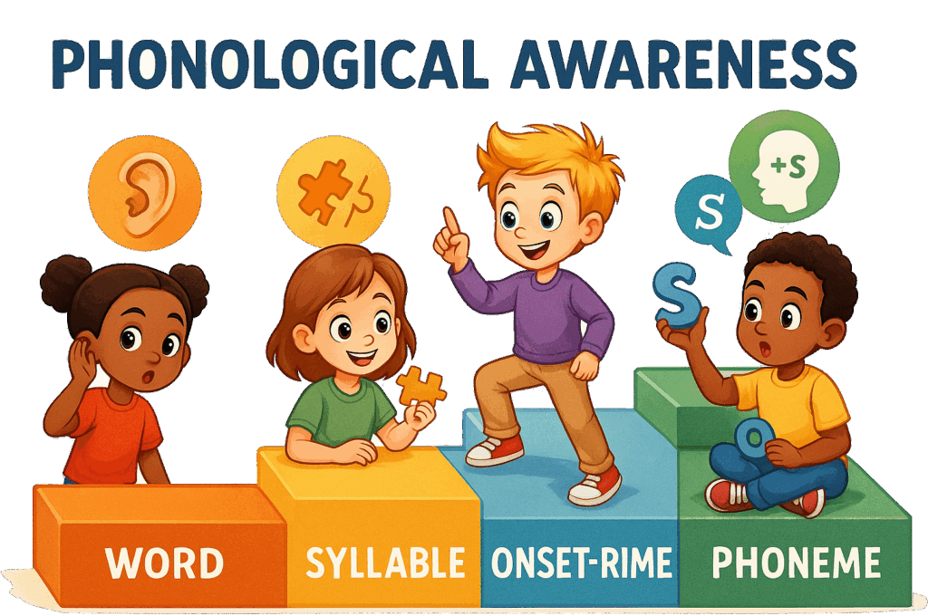 Phonological awareness includes word, syllable, onset-rime, and phonemic awareness.