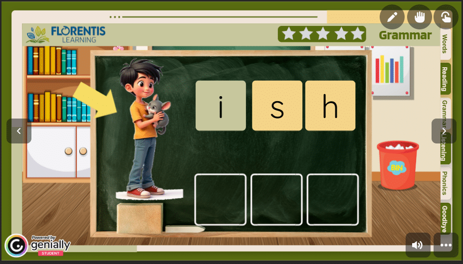 Screenshot of a Florentis Learning ESL lesson showing draggable letter tiles for a spelling activity. Students can drag the tiles using a co-browser or draw a line to the correct box without one.