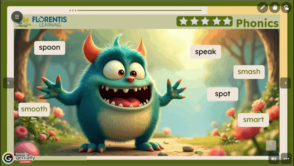 Florentis Learning teaching phonics online slide with cartoon monster and word cards for /sp/ and /sm/ blends to engage ESL learners. This is a fun game to engage learners.