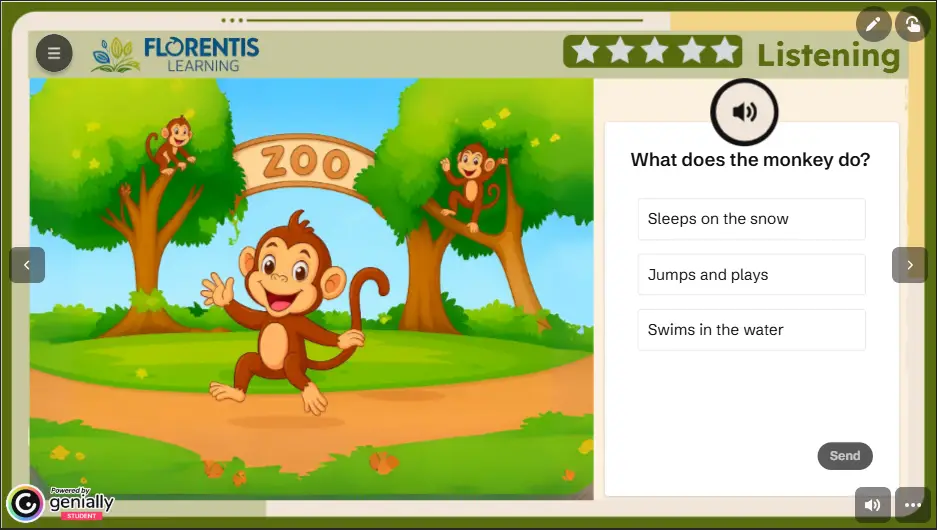 Florentis Learning lesson showing built-in rewards for online ESL teaching