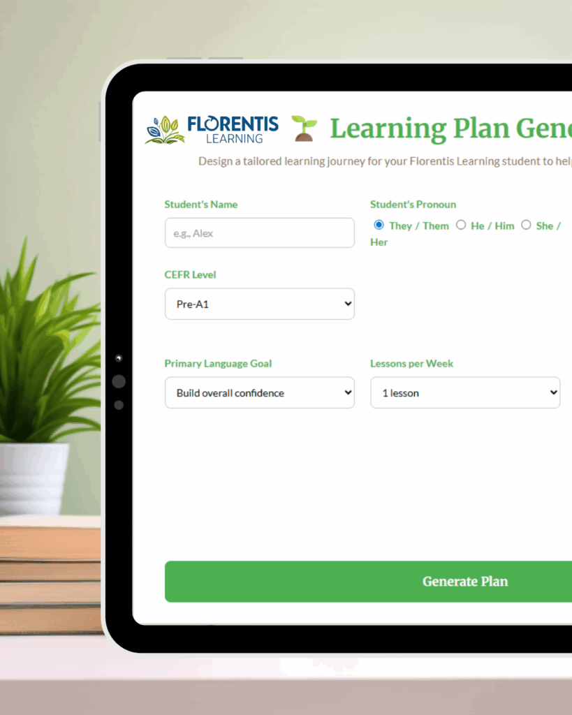 Florentis Learning Learning Plan Generator Tool on tablet screen to help online ESL teachers convert ESL leads with personalized lesson plans