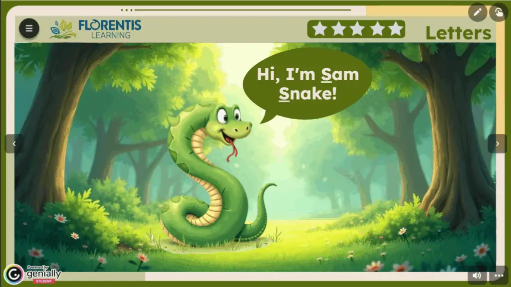 Interactive online ESL phonics slide for teaching phonics online or in the classroom featuring Sam Snake introducing the letter S sound for Florentis Learning curriculum.