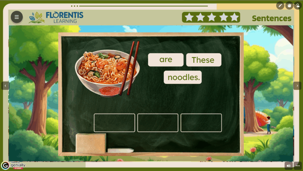 Screenshot of a Florentis Learning ESL lesson showing a built-in star reward system and a drag-and-drop sentence-building activity for student interaction.