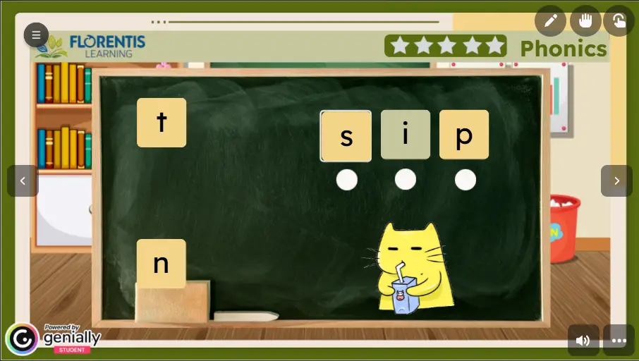 Florentis Learning phonics lesson slide featuring letter tiles, blending dots, and a cartoon cat teaching students to build the word “sip.”