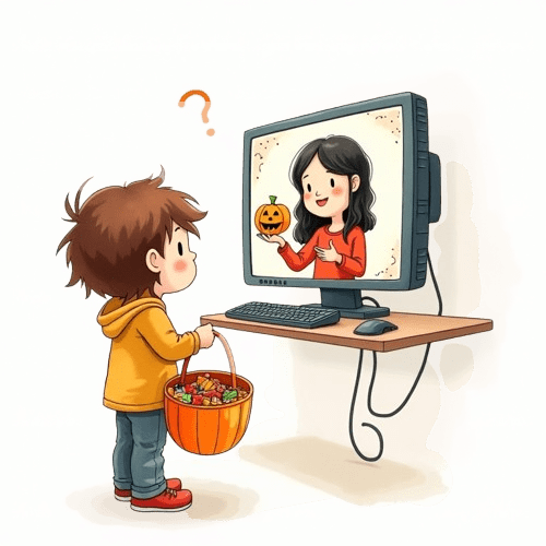 Halloween ESL activities - game for online classes: watercolor illustration of child holding pumpkin candy bucket, teacher asking questions on computer screen.