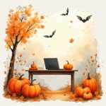 Watercolor illustration of an online ESL classroom decorated for Halloween with pumpkins, autumn leaves, and a laptop, cozy fall teaching scene.
