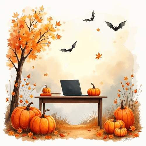 Watercolor illustration of an online ESL classroom decorated for Halloween with pumpkins, autumn leaves, and a laptop, cozy fall teaching scene.