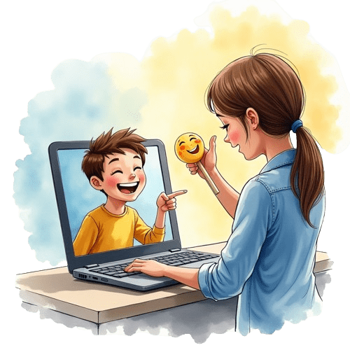 Hand-drawn watercolour image of a teacher using a low-tech teaching tool—handmade puppet—for an online ESL class.