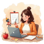 Watercolour illustration of low-tech teaching tools for online ESL, including whiteboard, puppet, flashcards, and realia on a desk in front of a laptop.