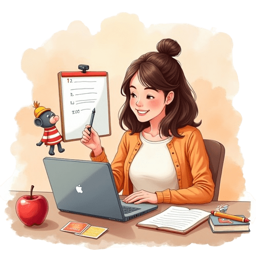 Watercolour illustration of low-tech teaching tools for online ESL, including whiteboard, puppet, flashcards, and realia on a desk in front of a laptop.