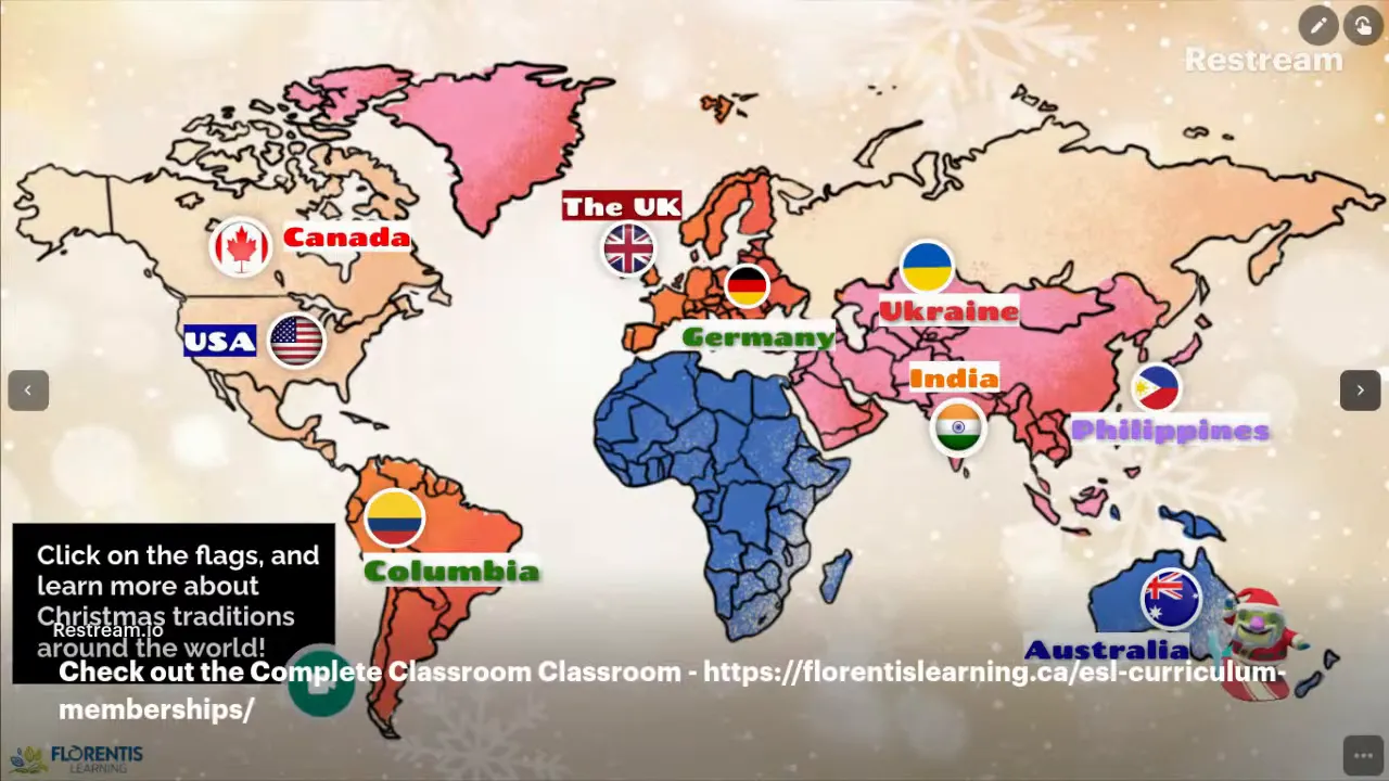 Full world map with labeled country names and flag icons (Canada, USA, UK, Germany, Ukraine, India, Philippines, Australia, Columbia) for exploring holiday traditions.