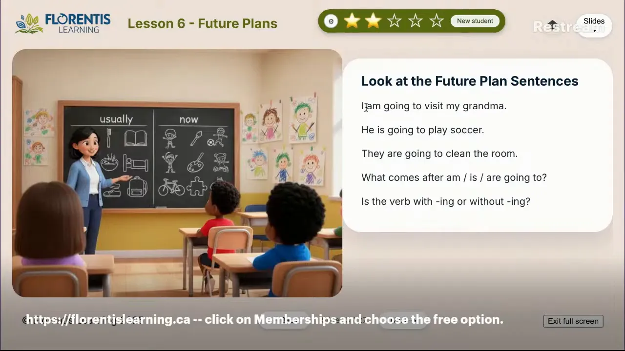 beginner grammar slide showing future plans sentences and classroom illustration