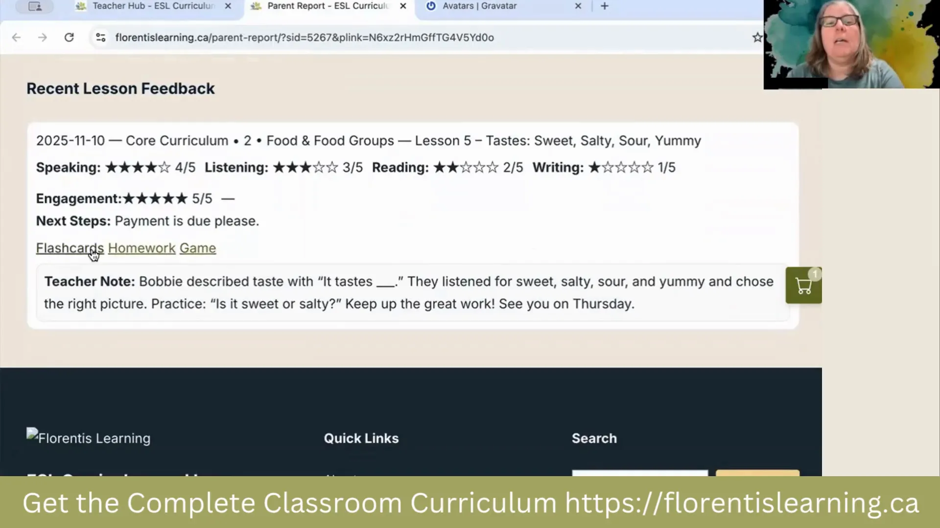 Recent lesson feedback on a parent report showing the lesson date, speaking/listening/reading/writing star ratings and a teacher note