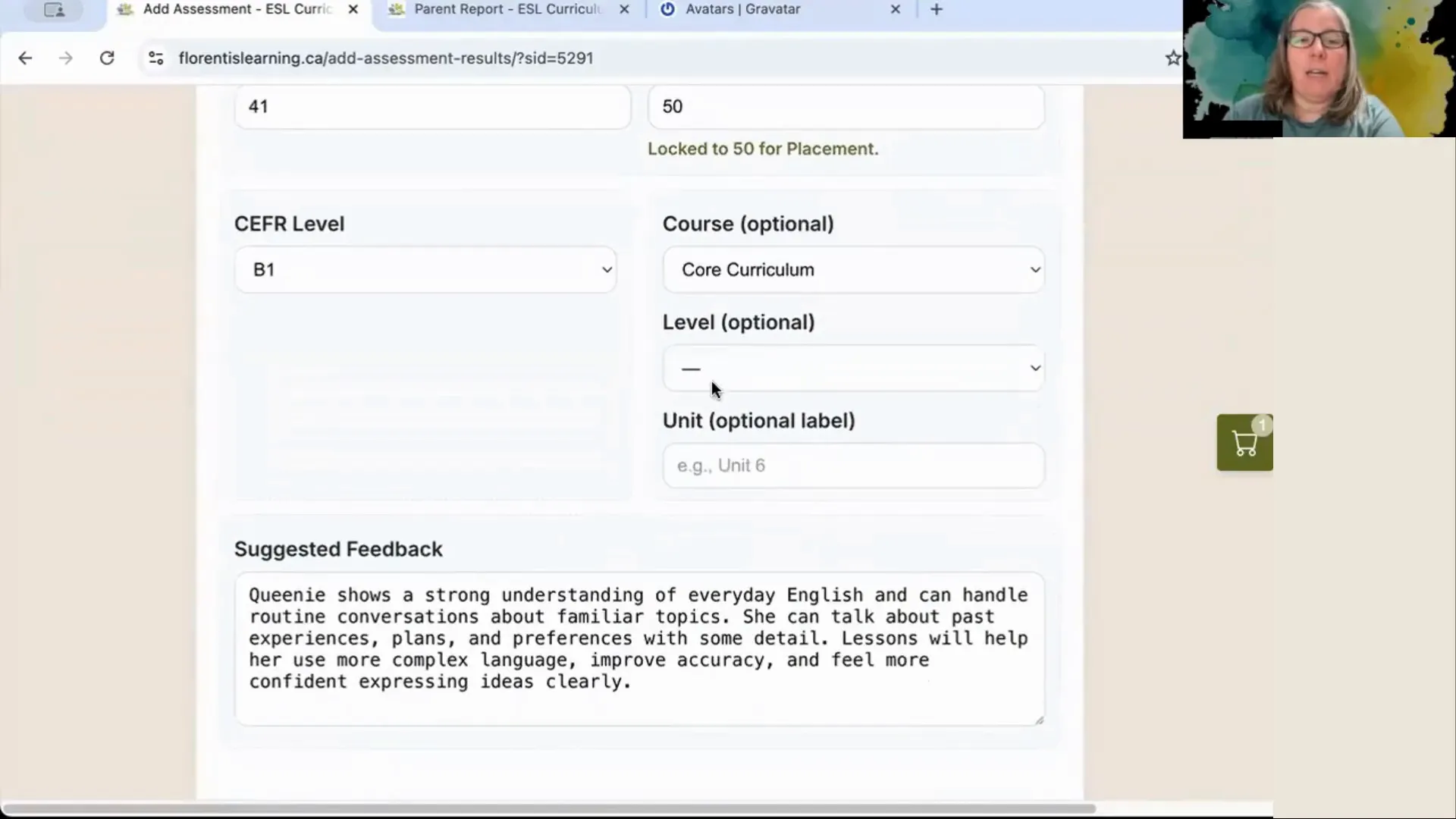 Placement assessment form showing CEFR Level 'B1', Course set to 'Core Curriculum' and a Suggested Feedback text box