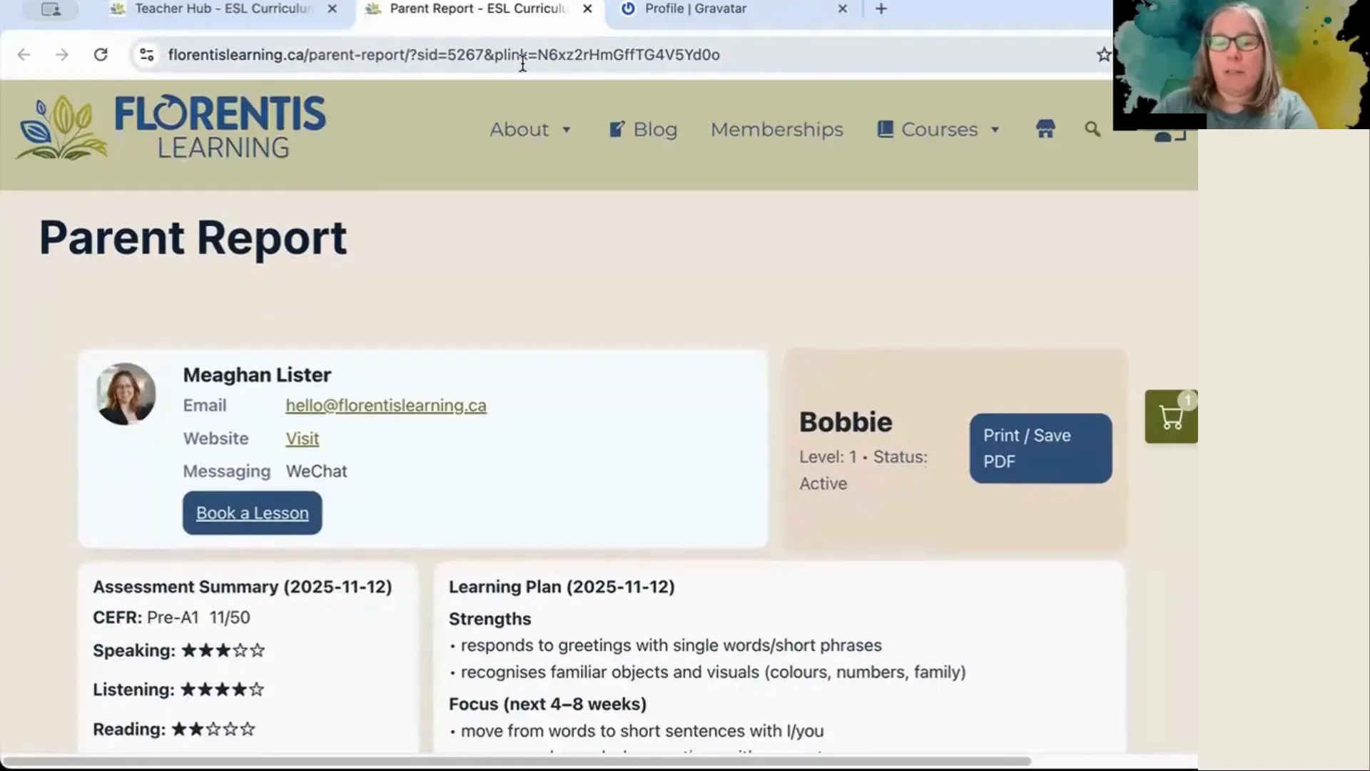 Teacher Hub parent report preview with profile card, contact links and book a lesson button