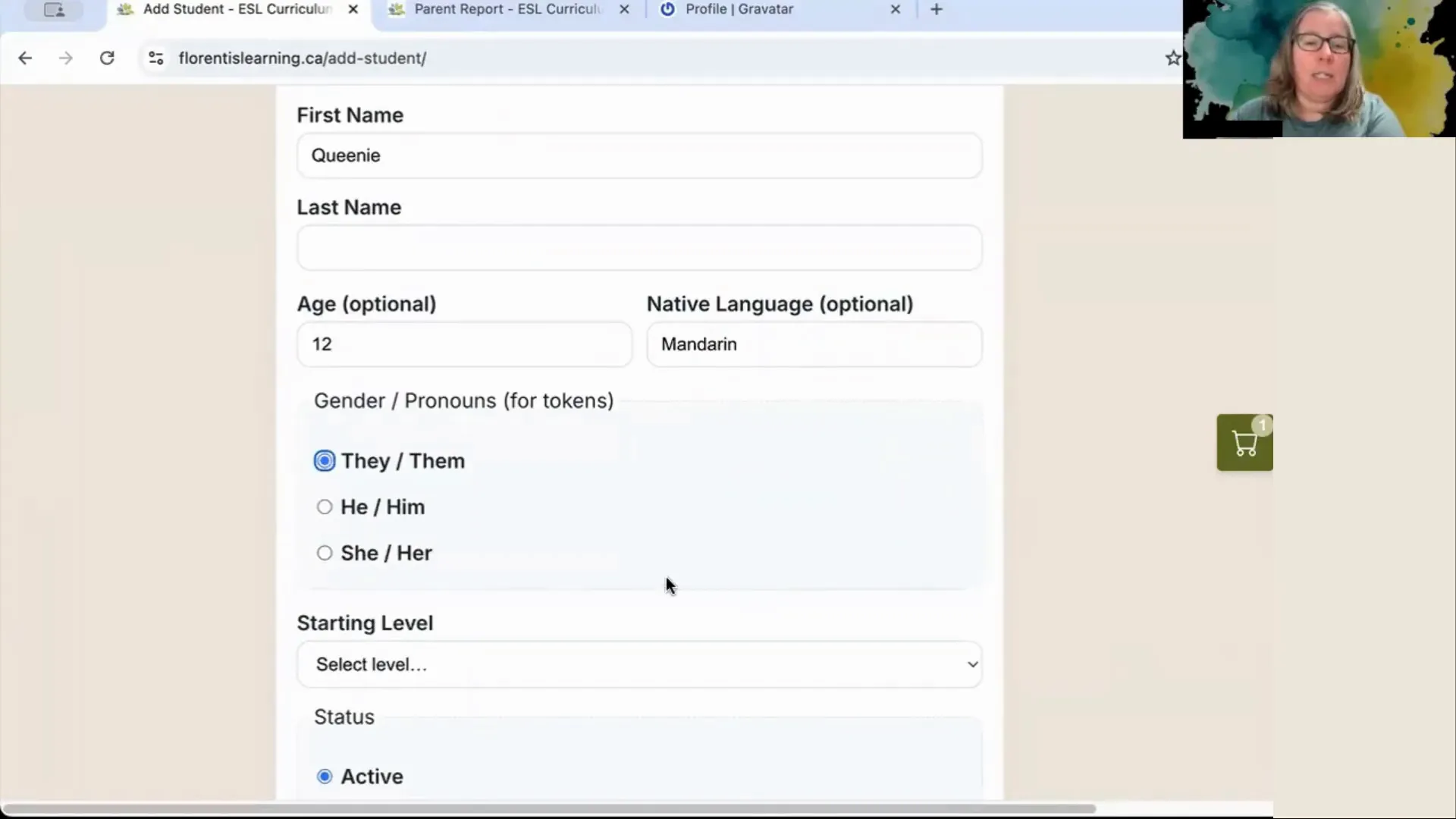 Add Student form showing name, age, native language, pronouns selection and the 'Status: Active' option visible on the student record form.