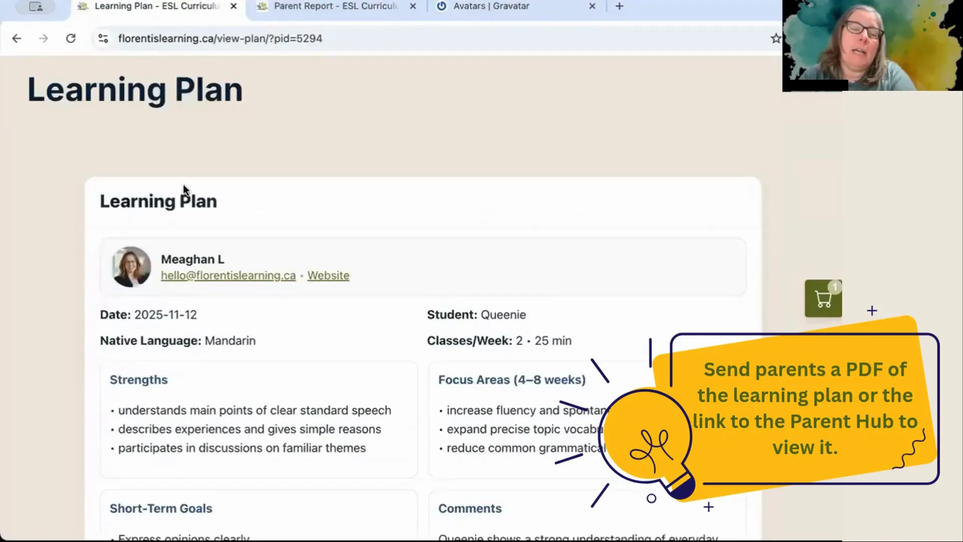 Learning Plan page with prominent 'Learning Plan' title, teacher contact card and summary boxes (Strengths, Focus Areas, Short-Term Goals, Comments) and a callout saying to send parents a PDF or link to the Parent Hub.