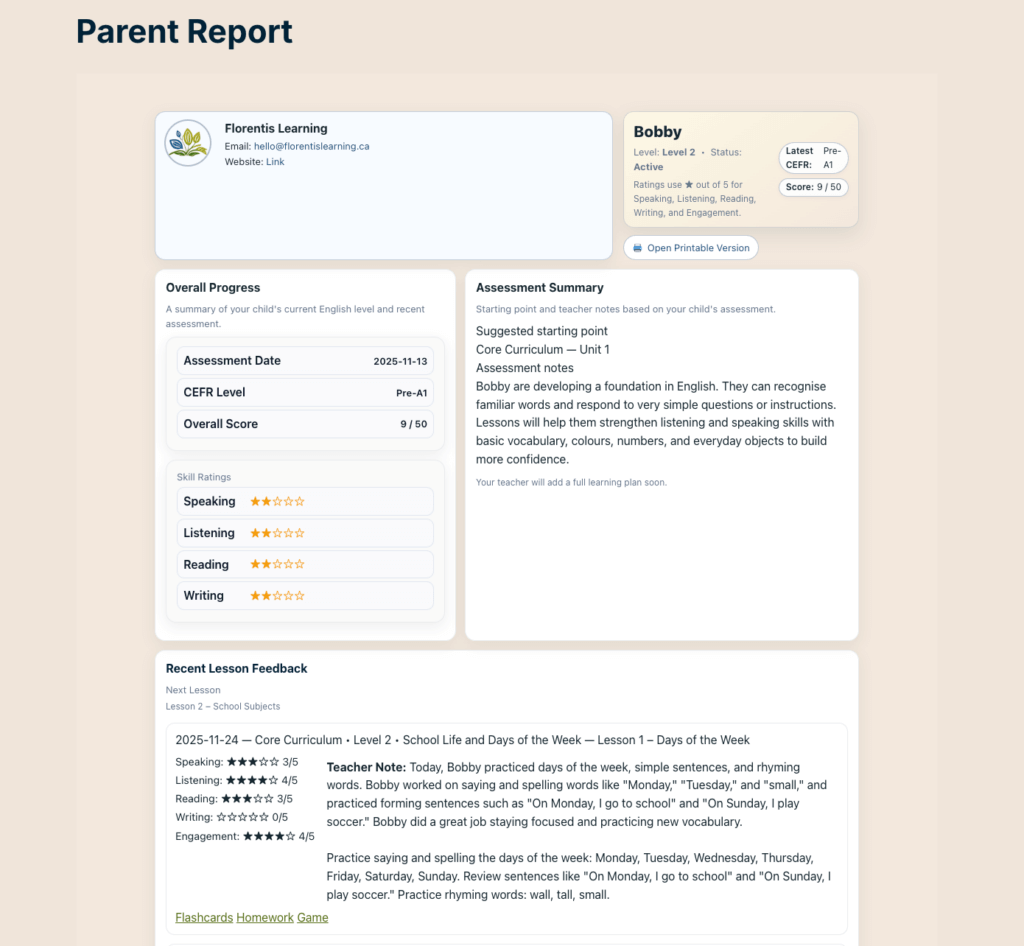 Parent feedback page inside the Teacher Hub showing centralized lesson notes and progress tracking as part of online teaching organization.