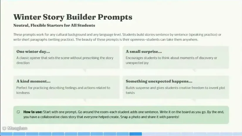 Sharp webinar screenshot showing two presenters and a readable slide titled 'Winter Story Builder Prompts'.