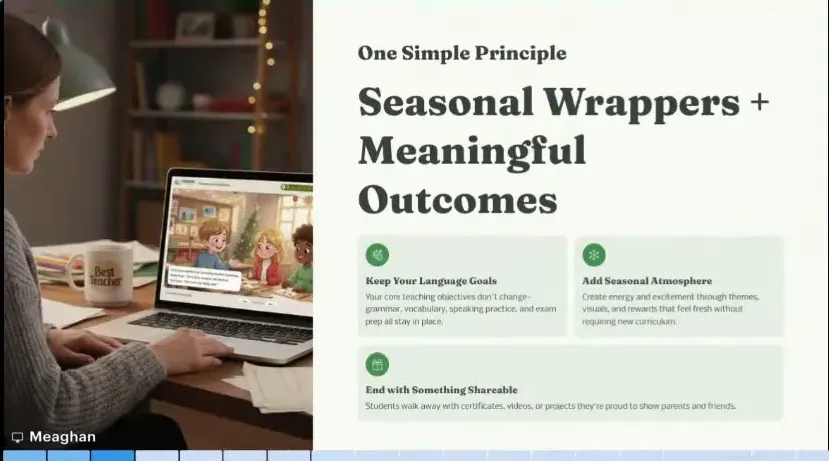 Presentation slide titled 'Seasonal Wrappers + Meaningful Outcomes' displayed in a webinar with two presenter video thumbnails