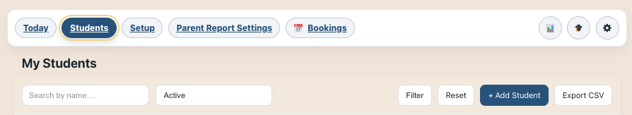 All-in-One Teacher Dashboard 'students' tab with 'add student' button.