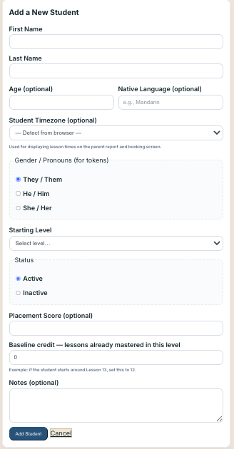 Add student form from the All-in-One Teacher Dashboard