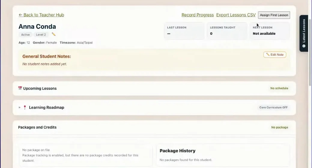 Florentis learning student profile for Anaconda with next lesson not available
