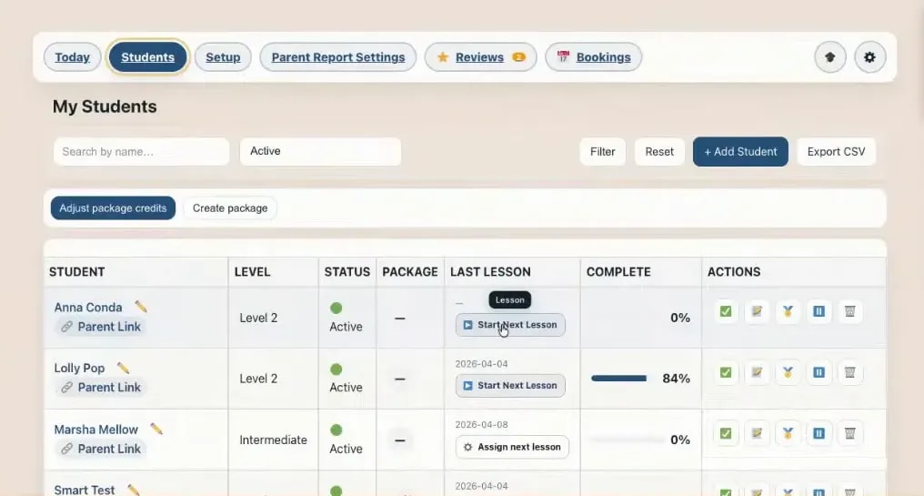 Teacher Hub student list showing next lesson options after saving progress