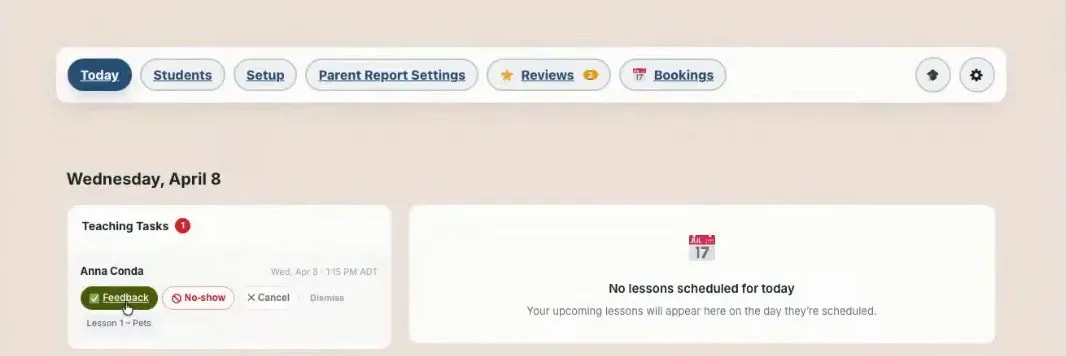 Teacher Hub dashboard showing the Teaching Tasks card and lesson follow-up status for Anna Conda